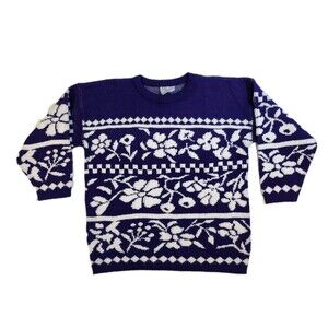 Vtg College Point Dark Blue Floral Sweater Pullover Women's L Retro Vtg USA Cozy